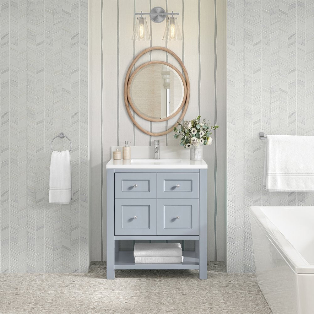 James Martin - Breckenridge 30" Single Vanity, Serenity Blue, w/ Single Hole 3 CM White Zeus Quartz Top & Backsplash - 330-V30-SRB-1WZ view 3
