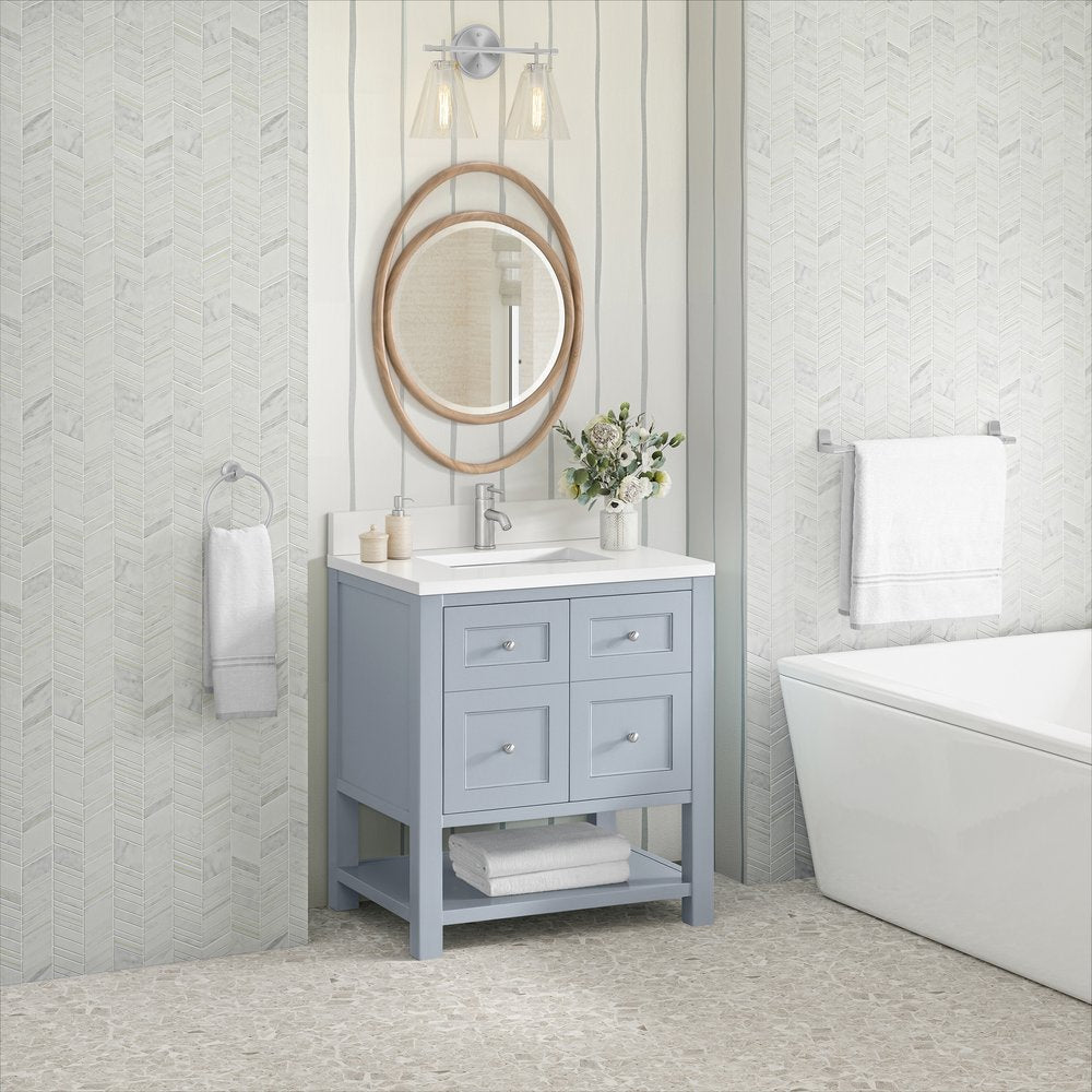 James Martin - Breckenridge 30" Single Vanity, Serenity Blue, w/ Single Hole 3 CM White Zeus Quartz Top & Backsplash - 330-V30-SRB-1WZ view 4