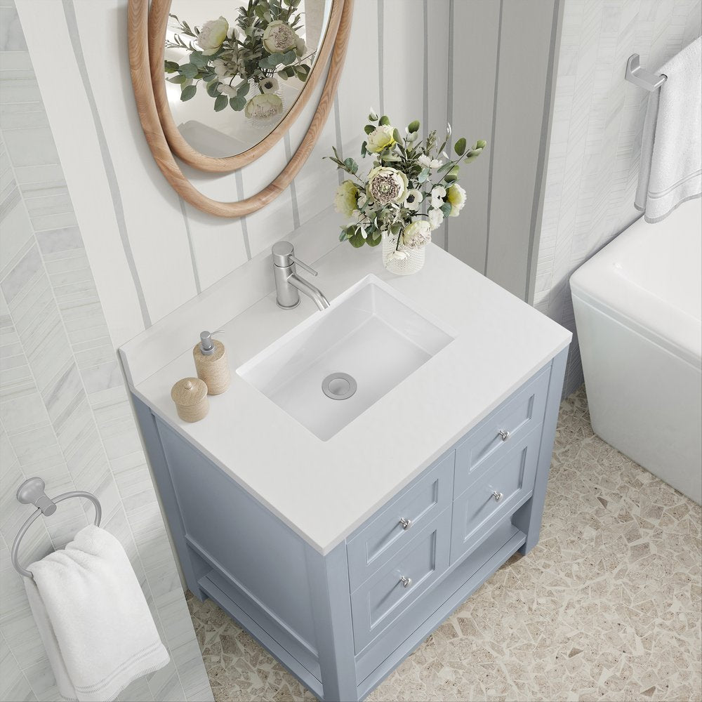 James Martin - Breckenridge 30" Single Vanity, Serenity Blue, w/ Single Hole 3 CM White Zeus Quartz Top & Backsplash - 330-V30-SRB-1WZ view 7