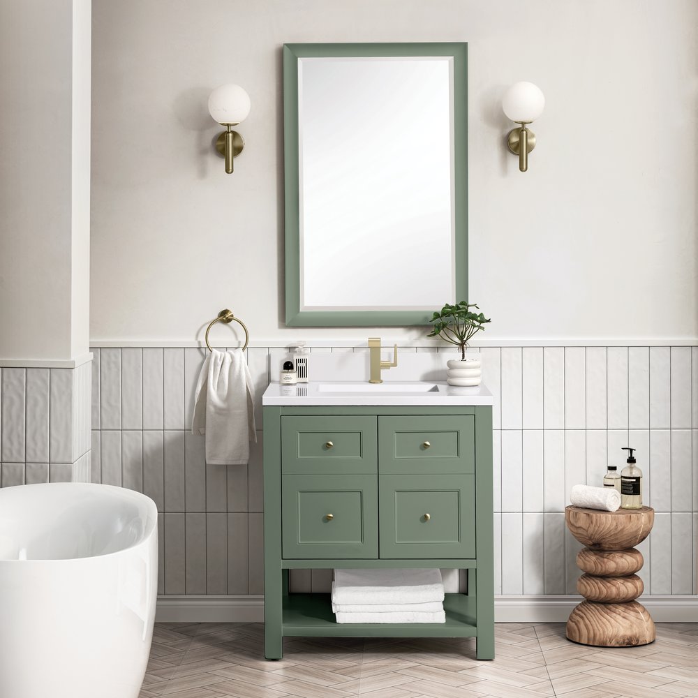 James Martin - Breckenridge 30" Single Vanity, Smokey Celadon w/ Single Hole 3 CM White Zeus Top & Backsplash - 330-V30-SC-1WZ view 3