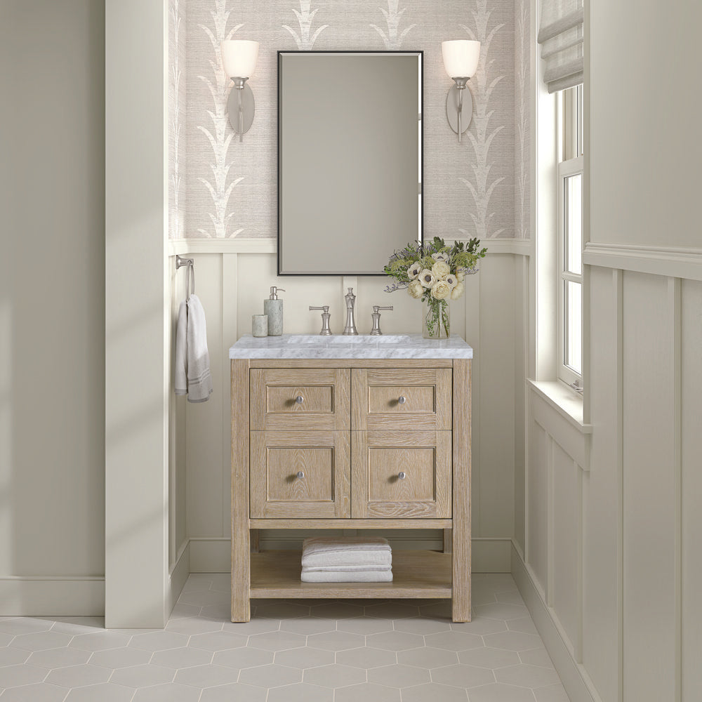 James Martin - Breckenridge 30" Single Vanity, Whitewashed Oak w/ 3 CM Carrara White Marble Top - 330-V30-WWO-3CAR view 3