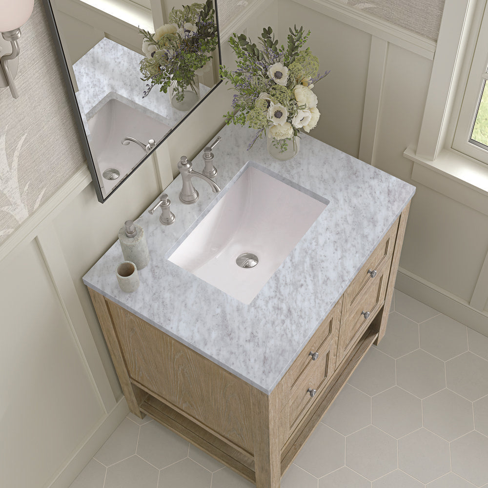 James Martin - Breckenridge 30" Single Vanity, Whitewashed Oak w/ 3 CM Carrara White Marble Top - 330-V30-WWO-3CAR view 7