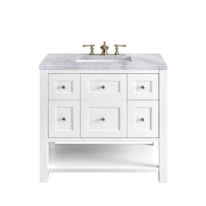 James Martin - Breckenridge 36" Single Vanity, Bright White w/ 3 CM Carrara Marble Top - 330-V36-BW-3CAR view 1