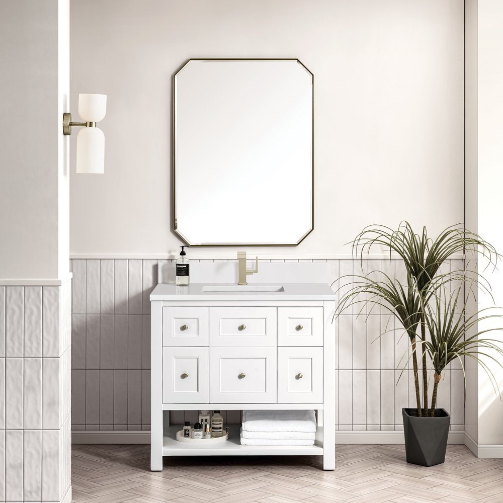 James Martin - Breckenridge 36" Single Vanity, Bright White w/ Single Hole 3 CM White Zeus Top & Backsplash - 330-V36-BW-1WZ view 3