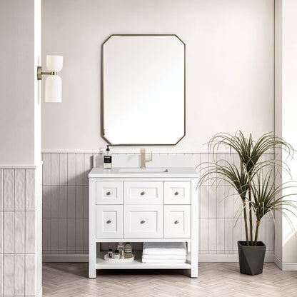 James Martin - Breckenridge 36" Single Vanity, Bright White w/ Single Hole 3 CM White Zeus Top & Backsplash - 330-V36-BW-1WZ view 3