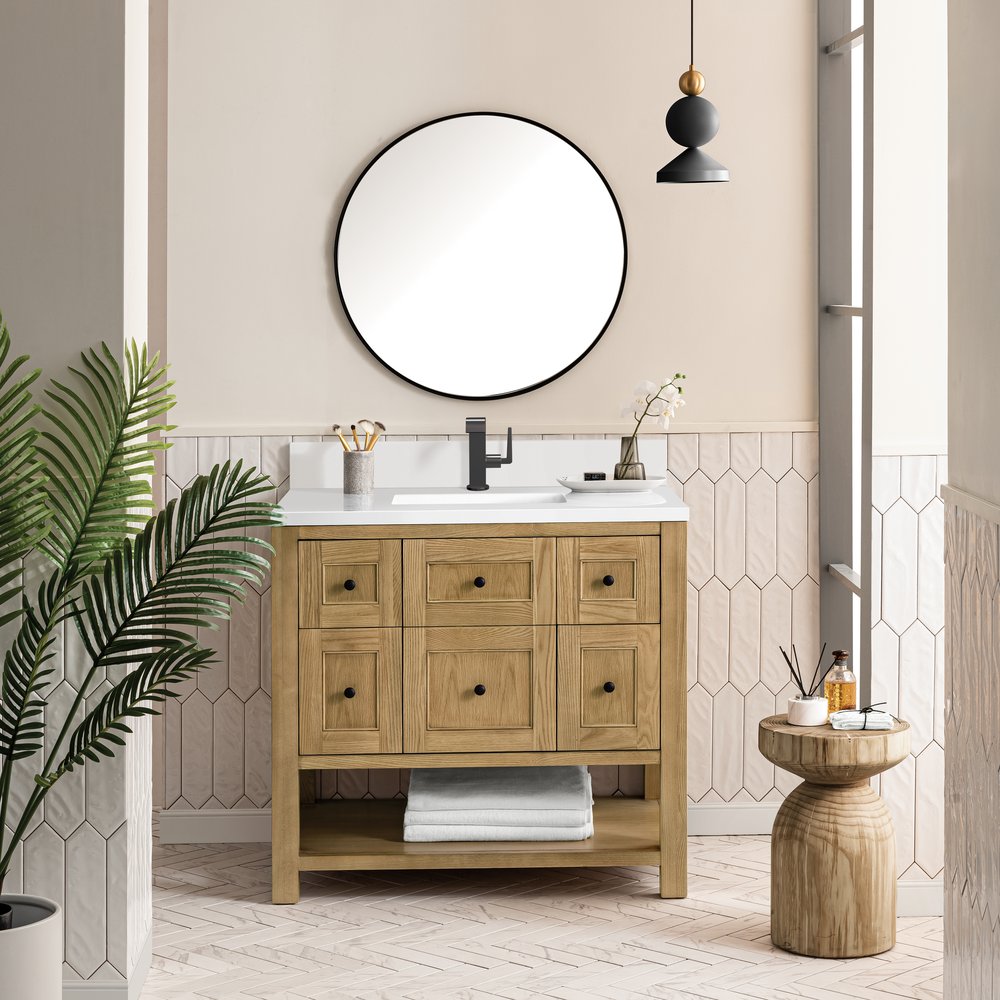 James Martin - Breckenridge 36" Single Vanity, Light Natural Oak w/ Single Hole 3 CM White Zeus Top & Backsplash - 330-V36-LNO-1WZ view 3