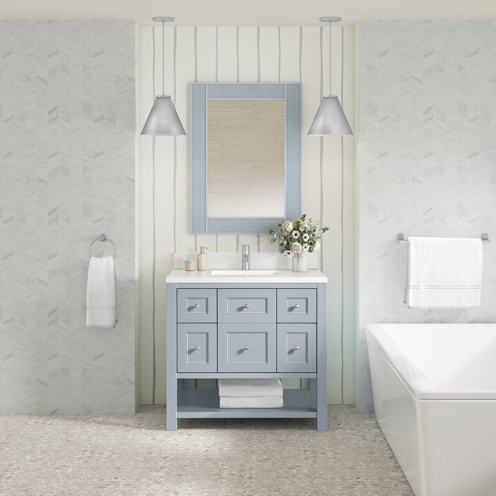 James Martin - Breckenridge 36" Single Vanity, Serenity Blue, w/ Single Hole 3 CM White Zeus Quartz Top & Backsplash - 330-V36-SRB-1WZ view 3