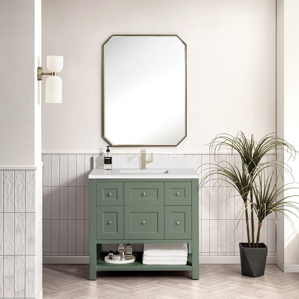 James Martin - Breckenridge 36" Single Vanity, Smokey Celadon w/ Single Hole 3 CM White Zeus Top & Backsplash - 330-V36-SC-1WZ view 3