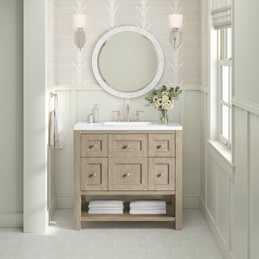 James Martin - Breckenridge 36" Single Vanity, Whitewashed Oak w/ 3 CM White Zeus Silestone Top - 330-V36-WWO-3WZ view 3