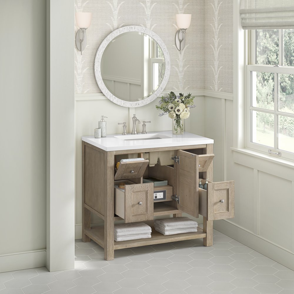 James Martin - Breckenridge 36" Single Vanity, Whitewashed Oak w/ 3 CM White Zeus Silestone Top - 330-V36-WWO-3WZ view 5