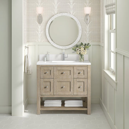 James Martin - Breckenridge 36" Single Vanity, Whitewashed Oak w/ Single Hole 3CM White Zeus Silestone Top & Backsplash - 330-V36-WWO-1WZ view 3