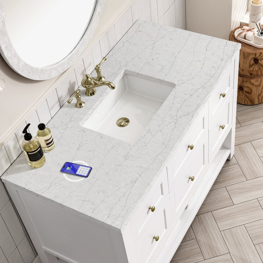 James Martin - Breckenridge 48" Single Vanity, Bright White w/ 3 CM Eternal Jasmine Pearl Top w/FreePower Wireless Charger - 330-V48-BW-FEJP view 6