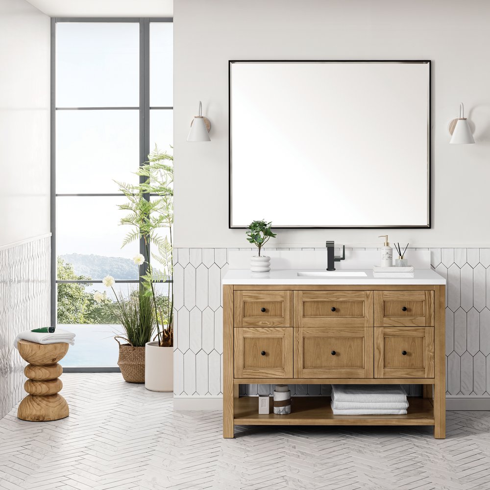 James Martin - Breckenridge 48" Single Vanity, Light Natural Oak w/ Single Hole 3 CM White Zeus Top & Backsplash - 330-V48-LNO-1WZ view 3