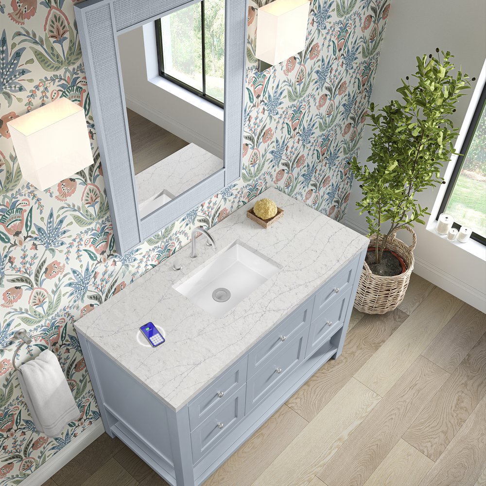 James Martin - Breckenridge 48" Single Vanity, Serenity Blue, w/ 3 CM Eternal Jasmine Pearl Quartz Top w/FreePower Wireless Charger - 330-V48-SRB-FEJP view 8