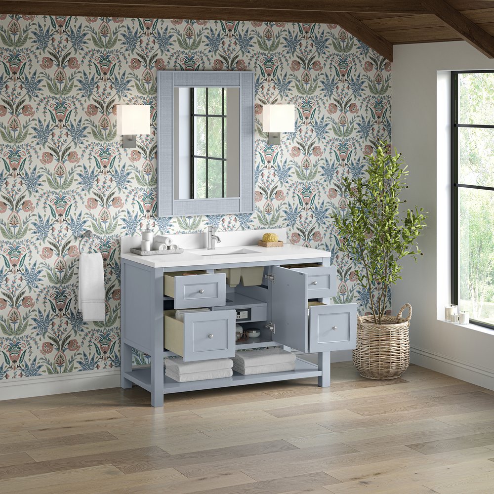 James Martin - Breckenridge 48" Single Vanity, Serenity Blue, w/ Single Hole 3 CM White Zeus Quartz Top & Backsplash - 330-V48-SRB-1WZ view 5