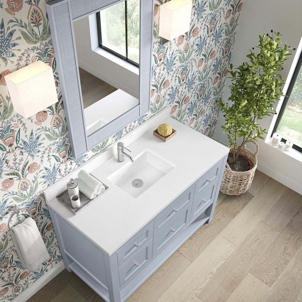 James Martin - Breckenridge 48" Single Vanity, Serenity Blue, w/ Single Hole 3 CM White Zeus Quartz Top & Backsplash - 330-V48-SRB-1WZ view 7