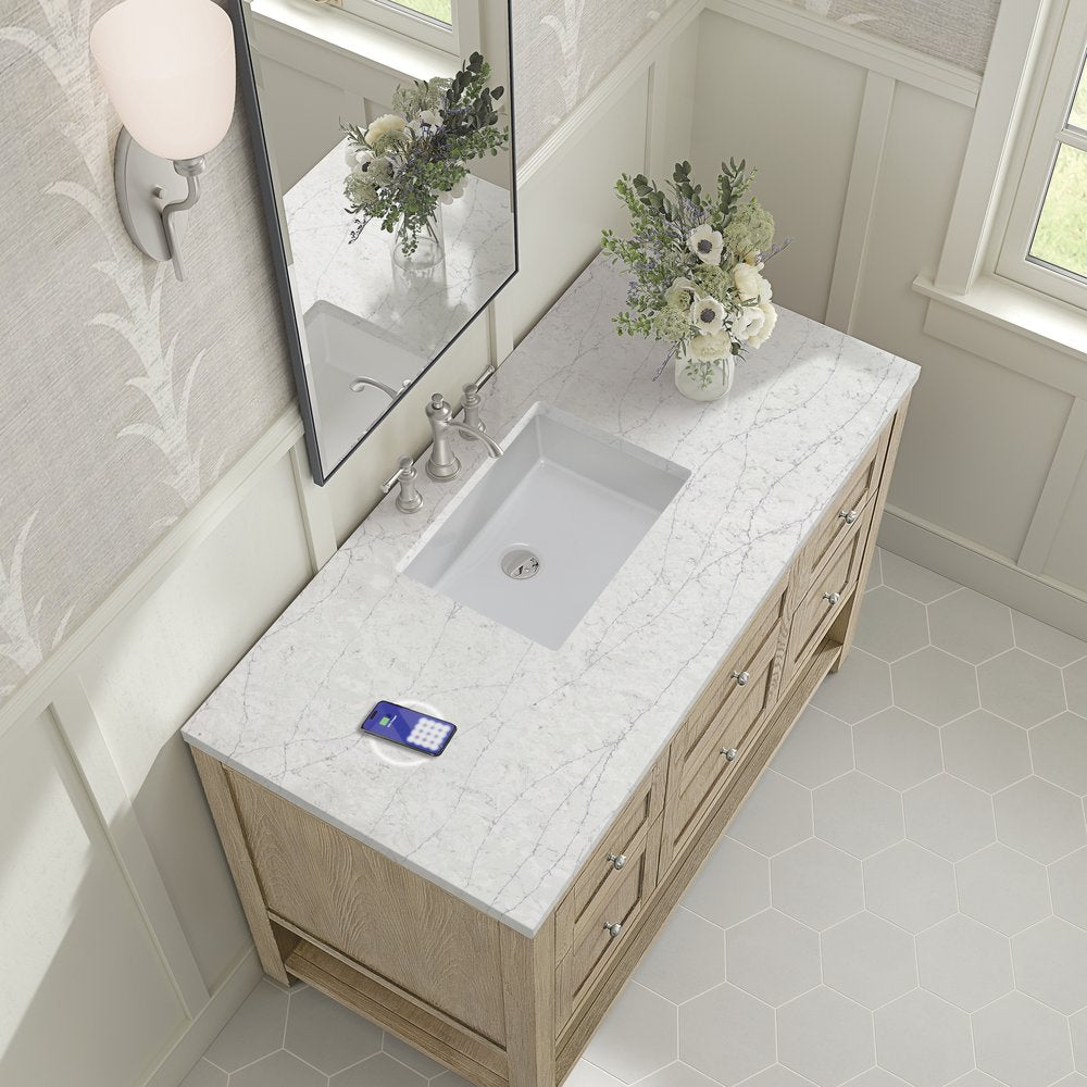 James Martin - Breckenridge 48" Single Vanity, Whitewashed Oak w/ 3 CM Eternal Jasmine Pearl Silestone Top w/FreePower Wireless Charger - 330-V48-WWO-FEJP view 8