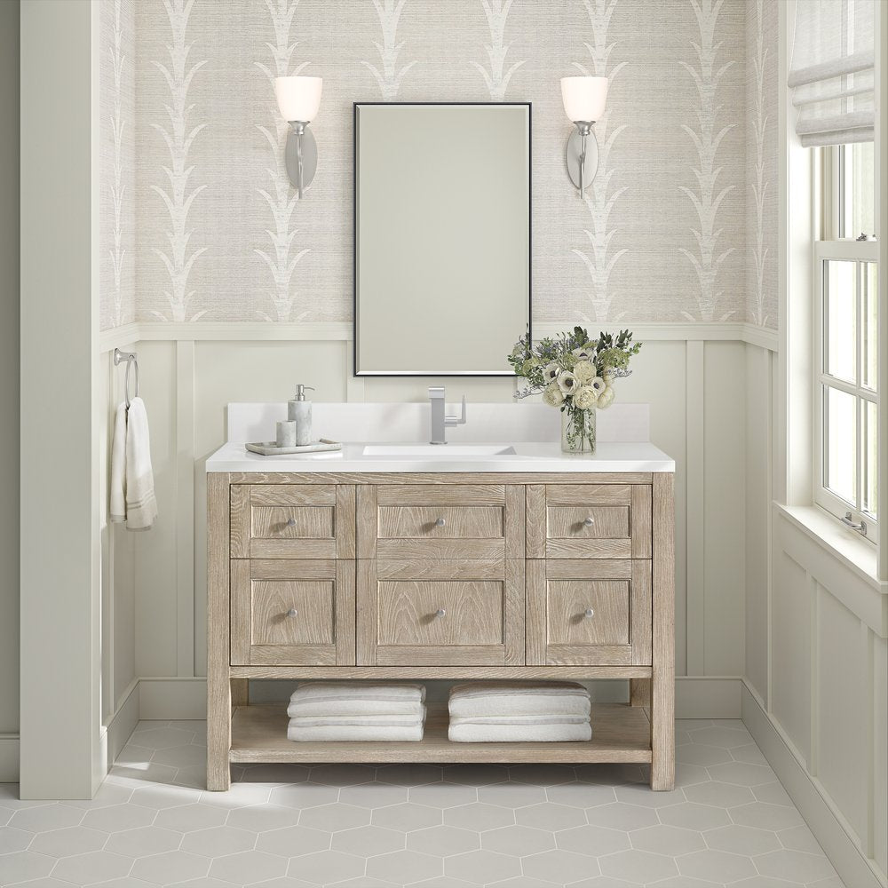 James Martin - Breckenridge 48" Single Vanity, Whitewashed Oak w/ Single Hole 3CM White Zeus Silestone Top & Backsplash - 330-V48-WWO-1WZ view 3