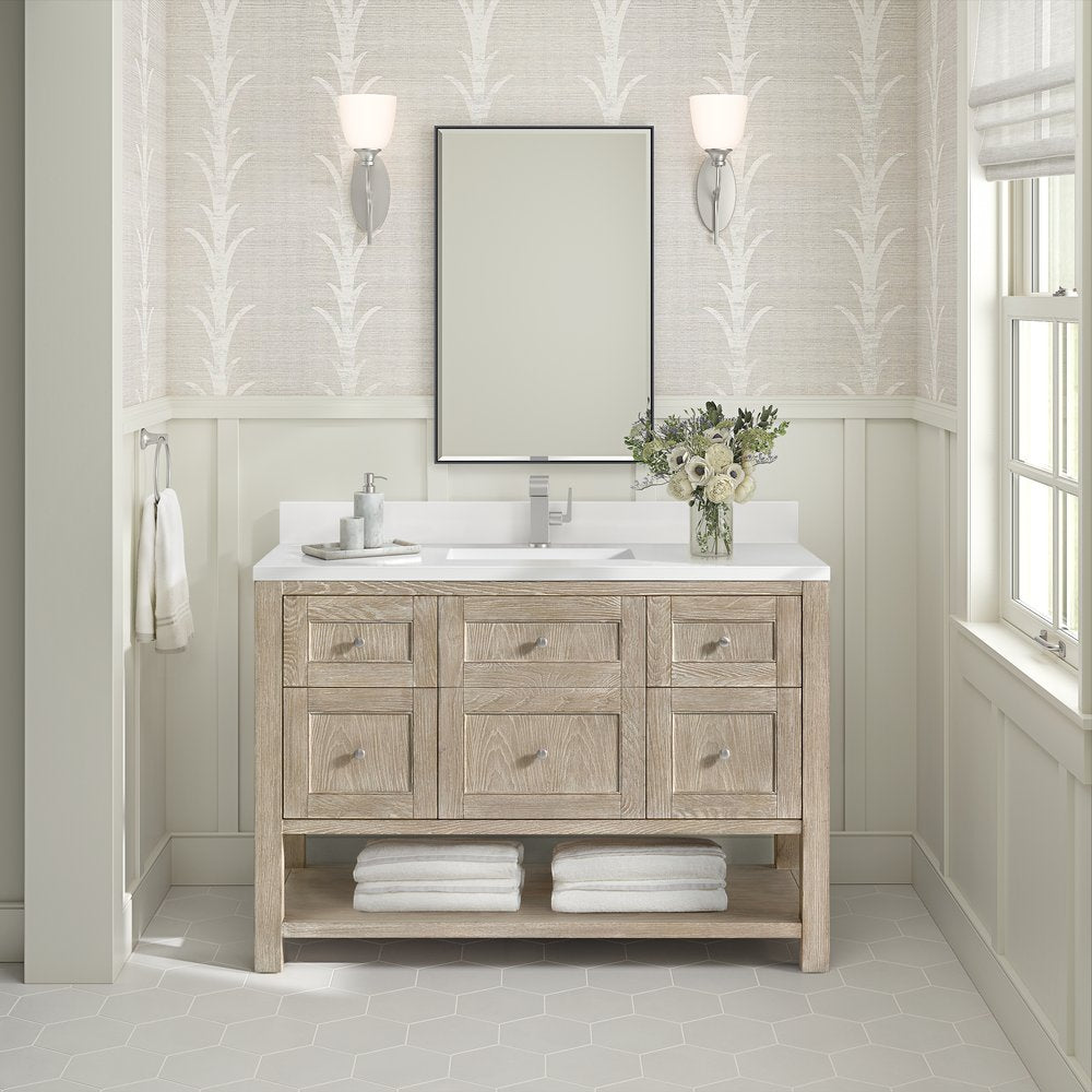 James Martin - Breckenridge 48" Single Vanity, Whitewashed Oak w/ Single Hole 3CM White Zeus Silestone Top & Backsplash - 330-V48-WWO-1WZ view 4