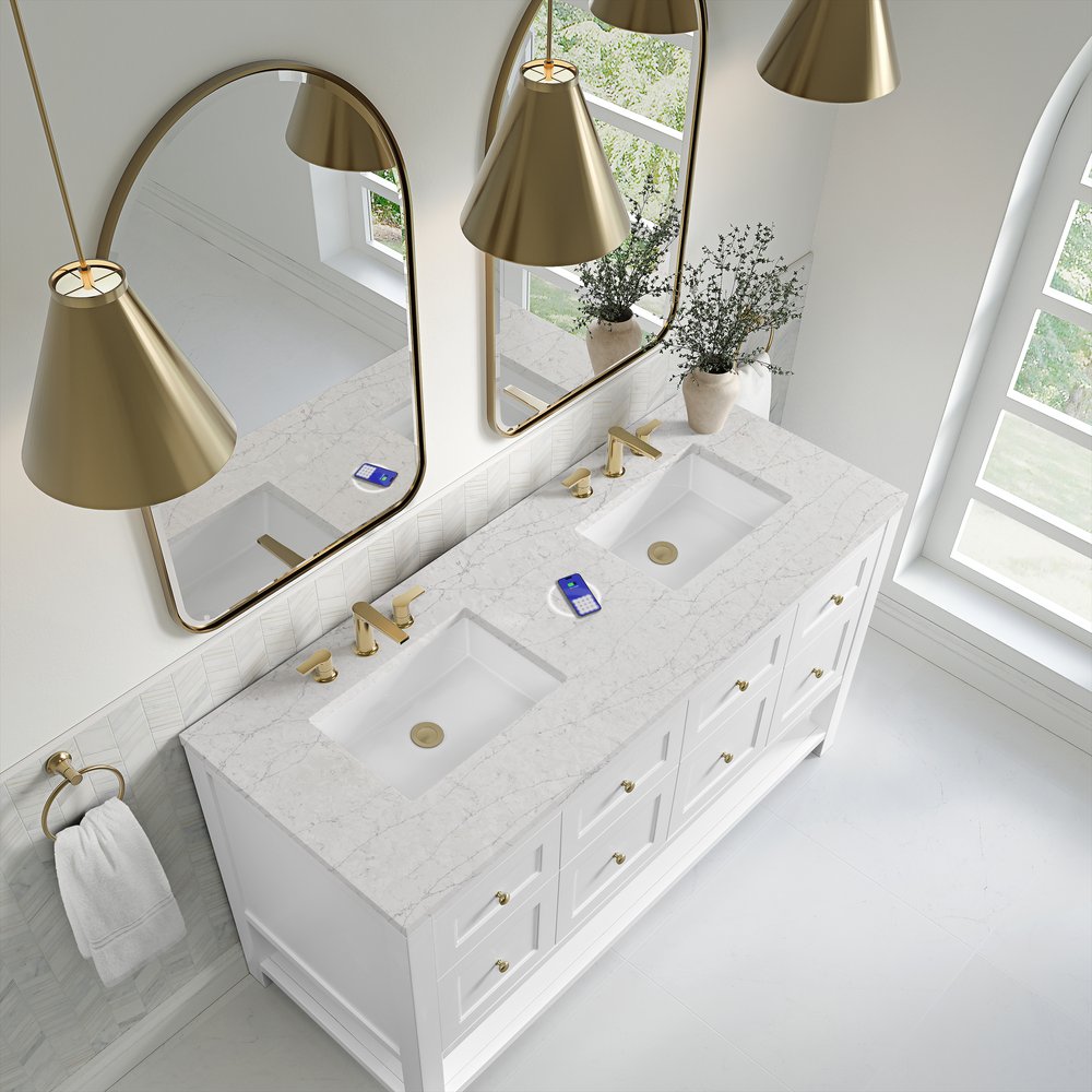James Martin - Breckenridge 60" Double Vanity, Bright White, w/ 3 CM Eternal Jasmine Pearl Quartz Top w/FreePower Wireless Charger - 330-V60D-BW-FEJP view 8