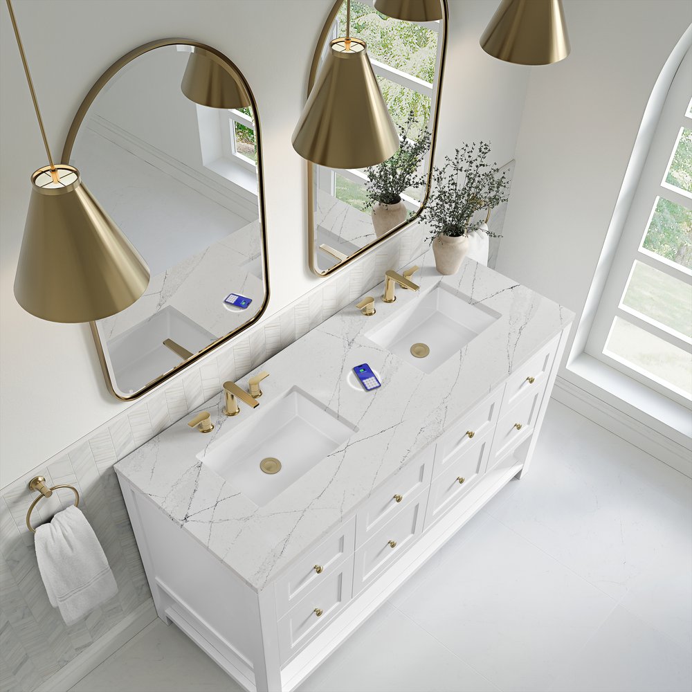 James Martin - Breckenridge 60" Double Vanity, Bright White, w/ 3 CM Ethereal Noctis Quartz Top w/FreePower Wireless Charger - 330-V60D-BW-FENC view 8