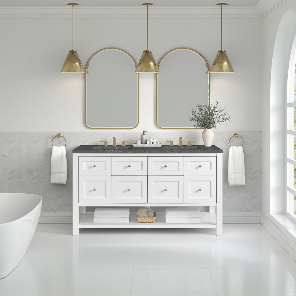 James Martin - Breckenridge 60" Double Vanity, Bright White, w/ 3 CM Parisien Bleu Quartz Top w/FreePower Wireless Charger - 330-V60D-BW-FPBL view 4