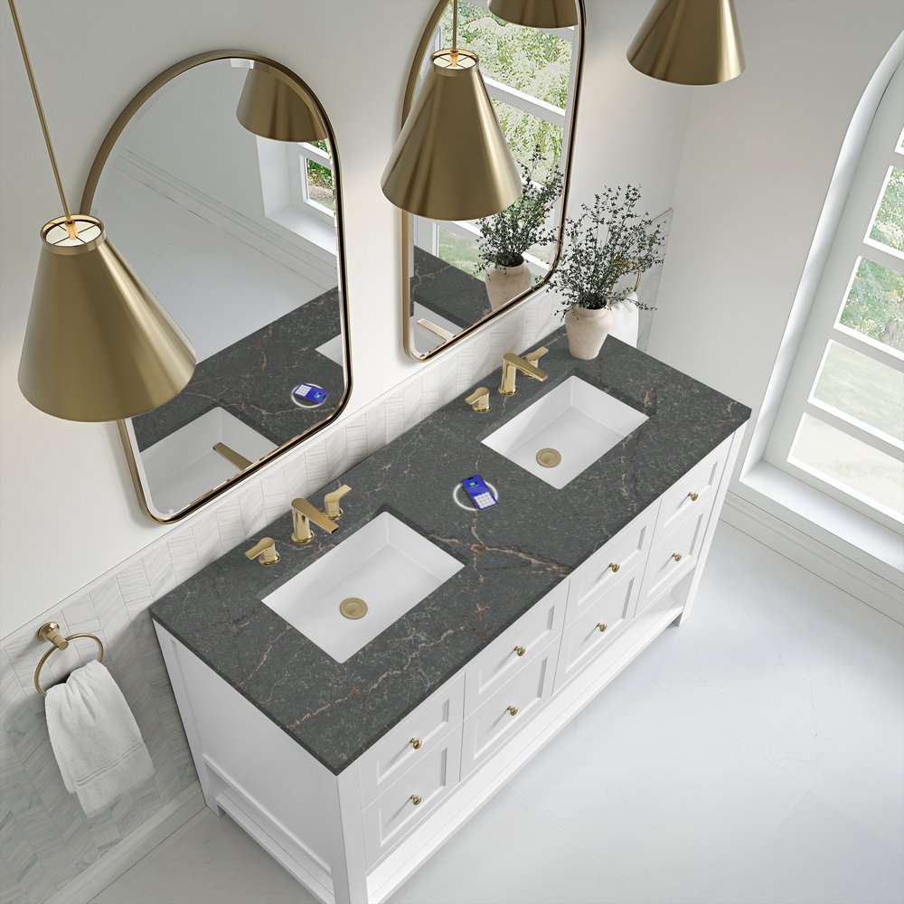 James Martin - Breckenridge 60" Double Vanity, Bright White, w/ 3 CM Parisien Bleu Quartz Top w/FreePower Wireless Charger - 330-V60D-BW-FPBL view 8