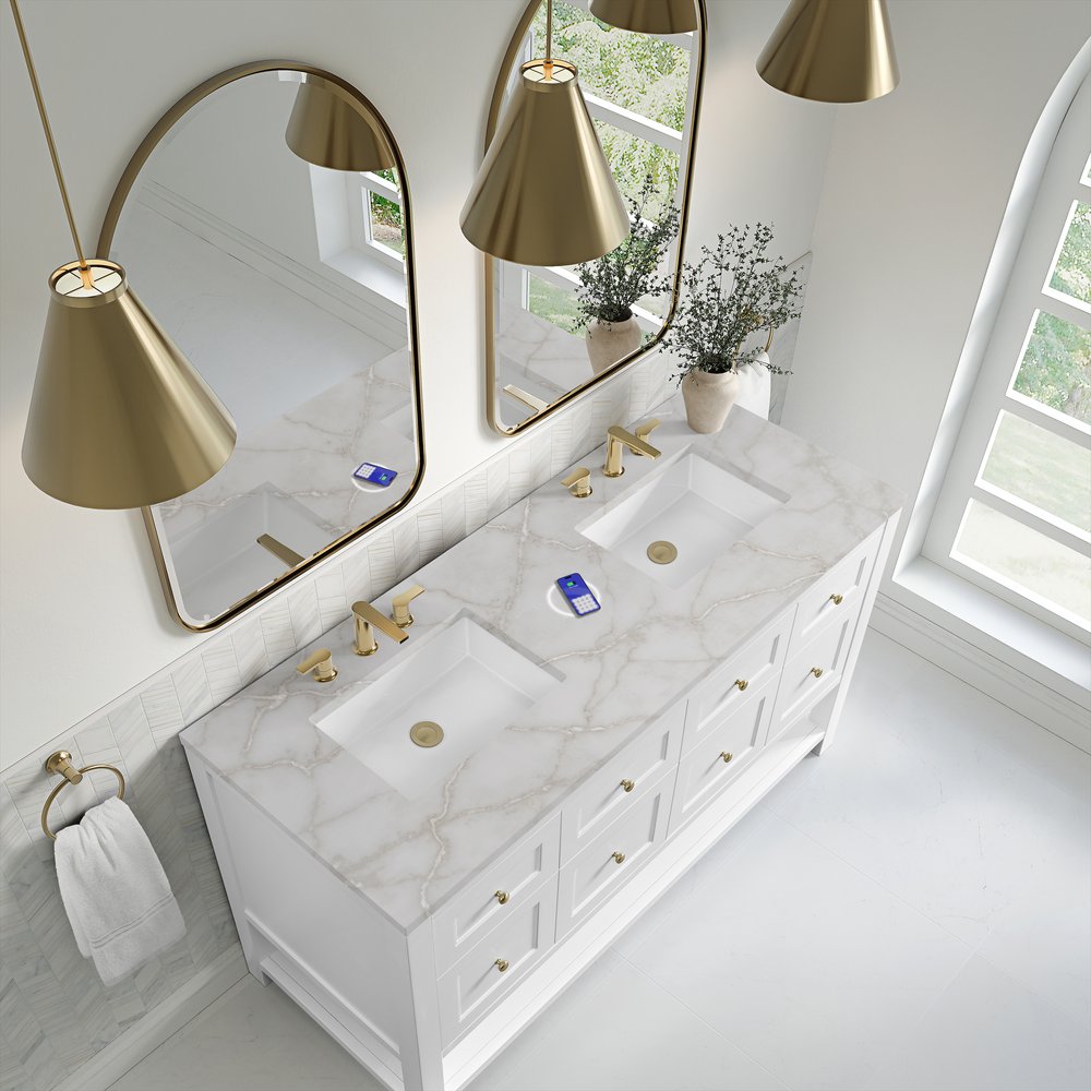 James Martin - Breckenridge 60" Double Vanity, Bright White, w/ 3 CM Victorian Silver Quartz Top w/FreePower Wireless Charger - 330-V60D-BW-FVSL view 8