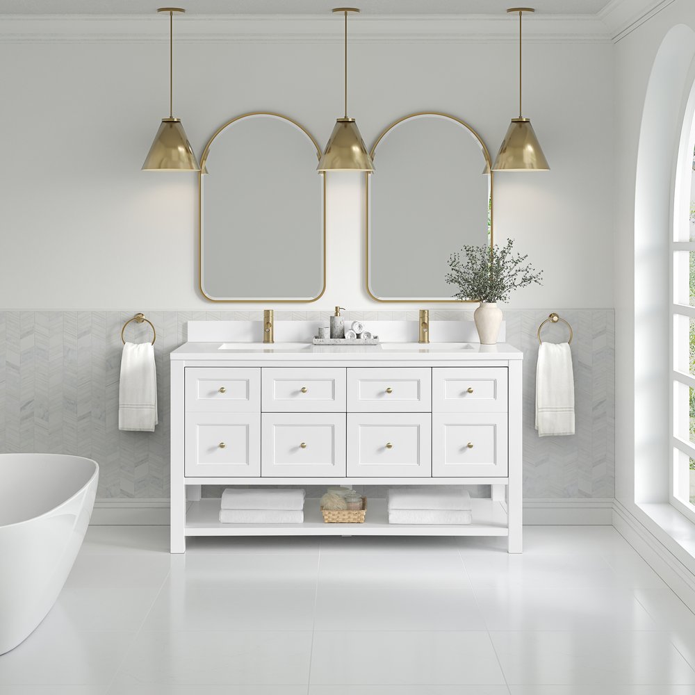 James Martin - Breckenridge 60" Double Vanity, Bright White, w/ Single Hole 3 CM White Zeus Quartz Top & Backsplash - 330-V60D-BW-1WZ view 3