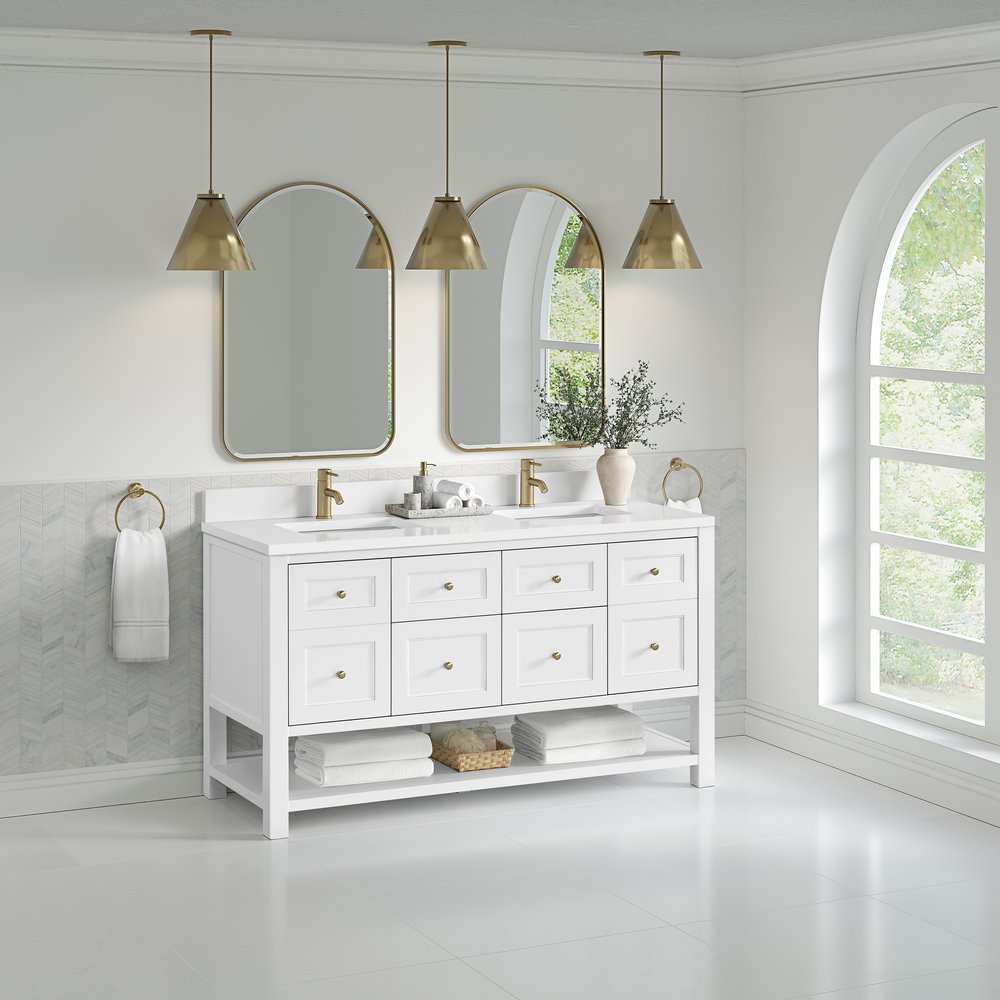 James Martin - Breckenridge 60" Double Vanity, Bright White, w/ Single Hole 3 CM White Zeus Quartz Top & Backsplash - 330-V60D-BW-1WZ view 4