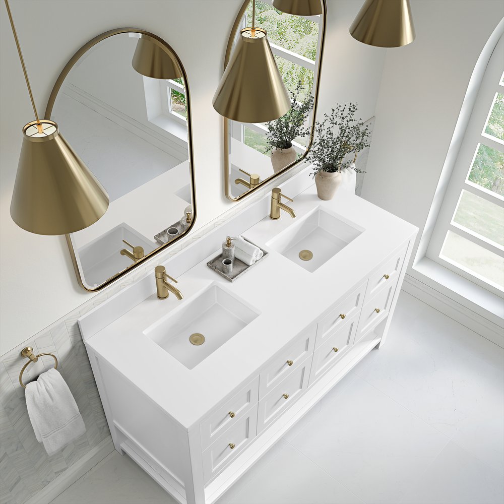 James Martin - Breckenridge 60" Double Vanity, Bright White, w/ Single Hole 3 CM White Zeus Quartz Top & Backsplash - 330-V60D-BW-1WZ view 7