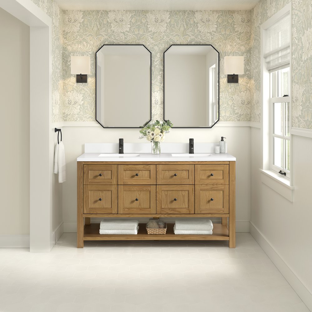 James Martin - Breckenridge 60" Double Vanity, Light Natural Oak, w/ Single Hole 3 CM White Zeus Quartz Top & Backsplash - 330-V60D-LNO-1WZ view 3