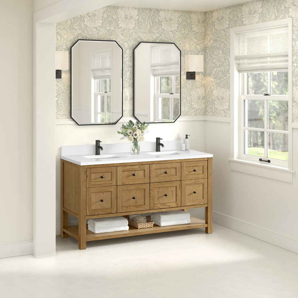 James Martin - Breckenridge 60" Double Vanity, Light Natural Oak, w/ Single Hole 3 CM White Zeus Quartz Top & Backsplash - 330-V60D-LNO-1WZ view 4