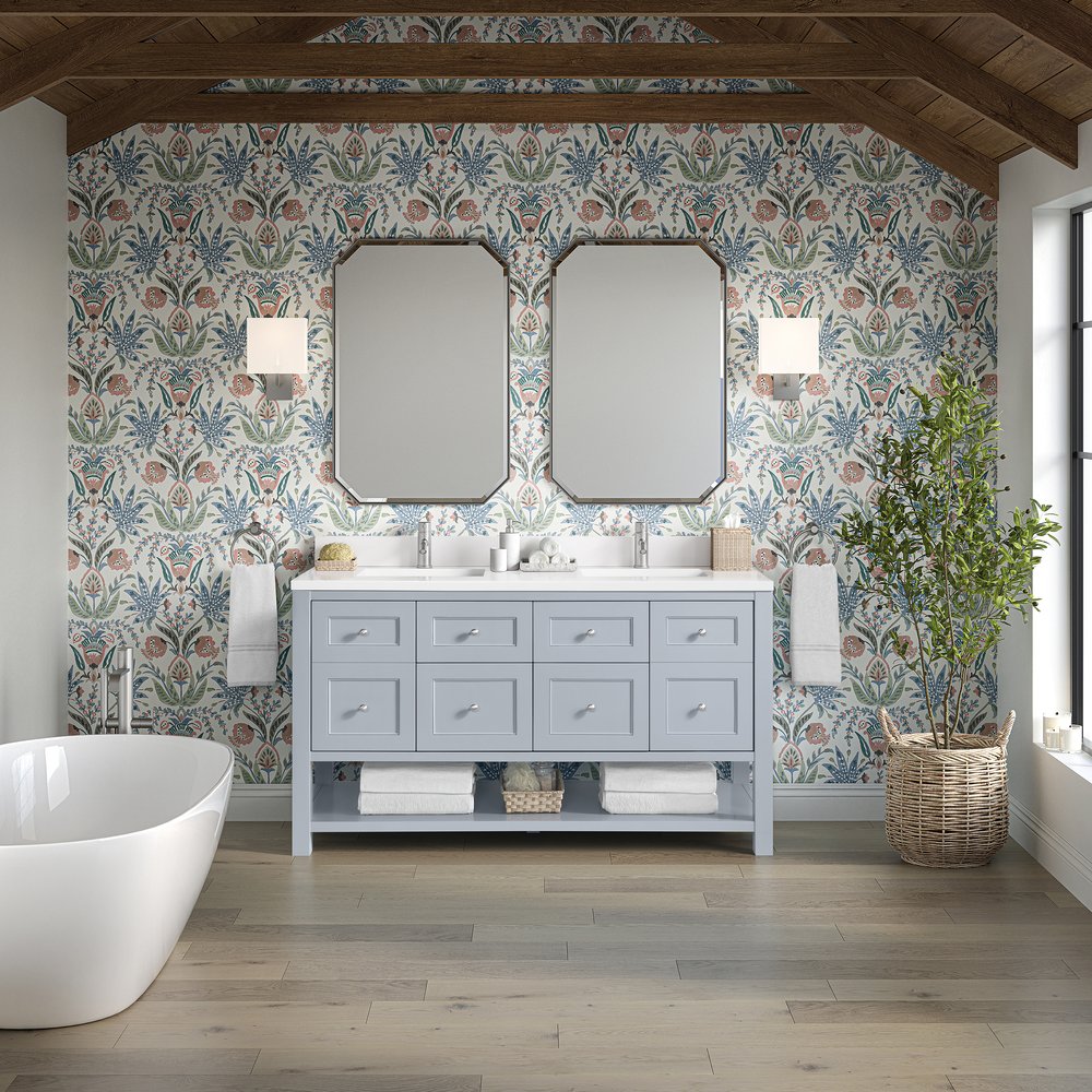 James Martin - Breckenridge 60" Double Vanity, Serenity Blue, w/ Single Hole 3 CM White Zeus Quartz Top & Backsplash - 330-V60D-SRB-1WZ view 3