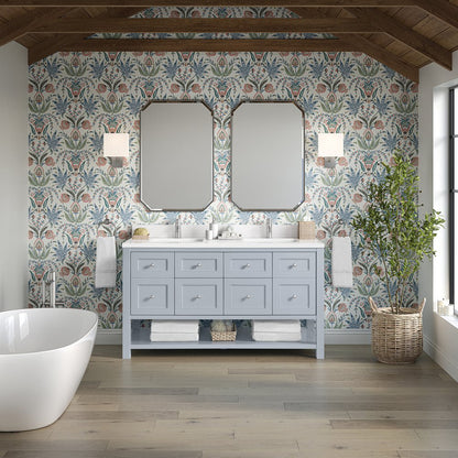 James Martin - Breckenridge 60" Double Vanity, Serenity Blue, w/ Single Hole 3 CM White Zeus Quartz Top & Backsplash - 330-V60D-SRB-1WZ view 3