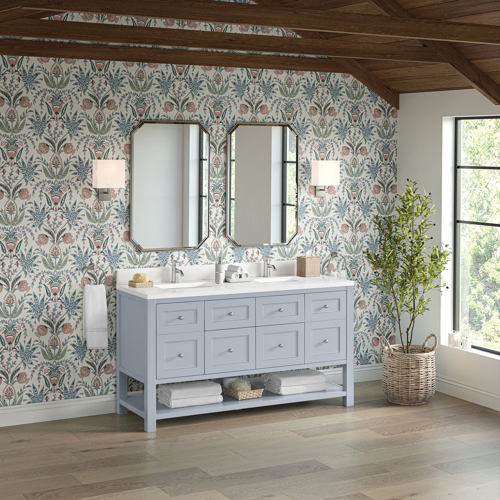 James Martin - Breckenridge 60" Double Vanity, Serenity Blue, w/ Single Hole 3 CM White Zeus Quartz Top & Backsplash - 330-V60D-SRB-1WZ view 4