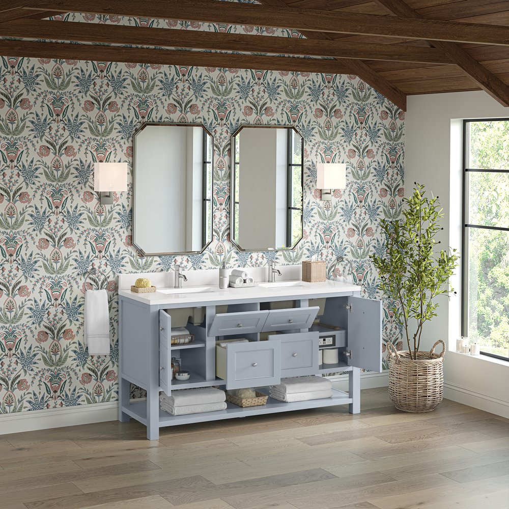 James Martin - Breckenridge 60" Double Vanity, Serenity Blue, w/ Single Hole 3 CM White Zeus Quartz Top & Backsplash - 330-V60D-SRB-1WZ view 5