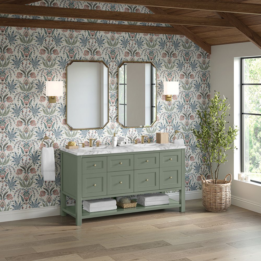 James Martin - Breckenridge 60" Double Vanity, Smokey Celadon, w/ 3 CM Carrara Marble Top - 330-V60D-SC-3CAR view 4