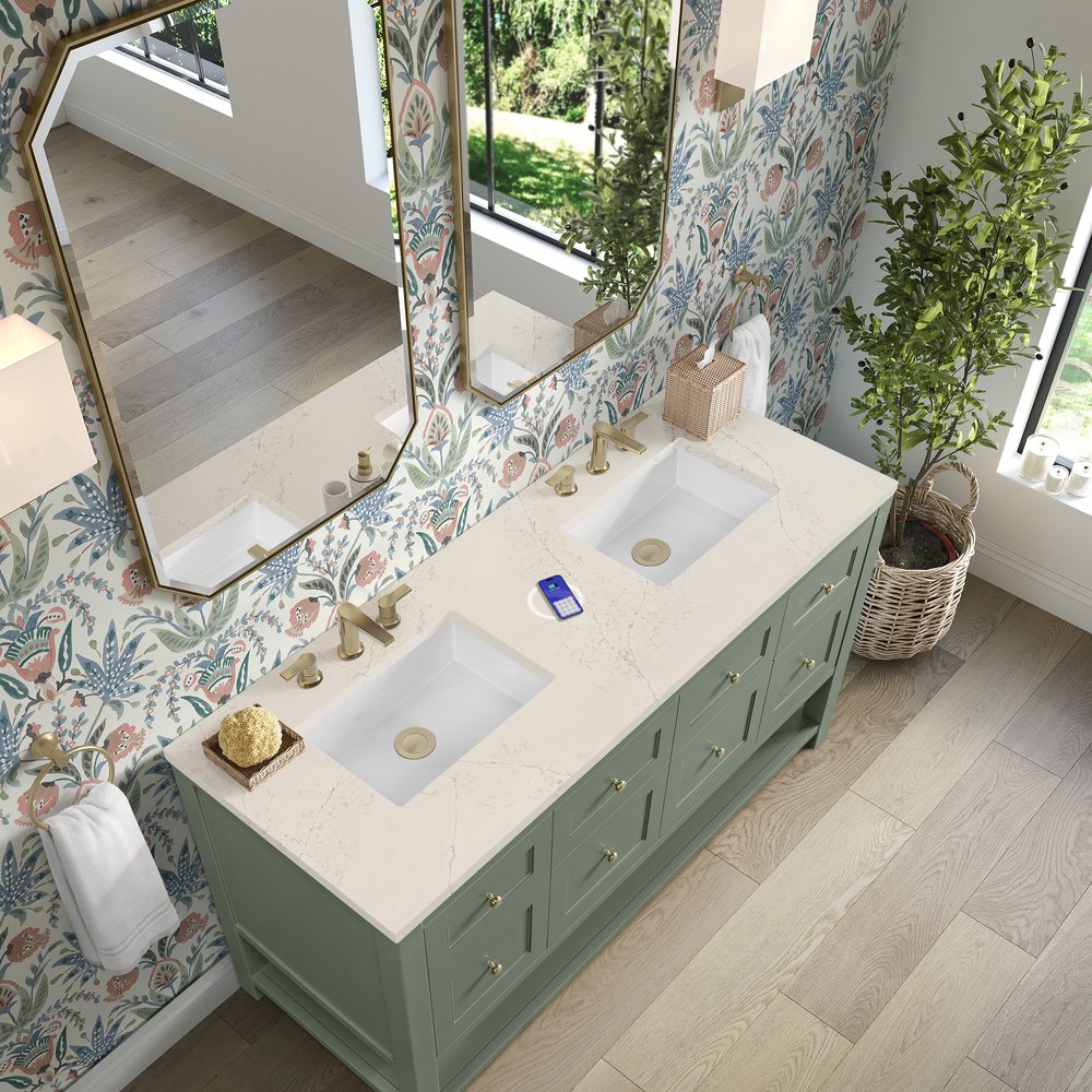 James Martin - Breckenridge 60" Double Vanity, Smokey Celadon, w/ 3 CM Siberian Silestone Top w/FreePower Wireless Charger - 330-V60D-SC-FSFR view 7