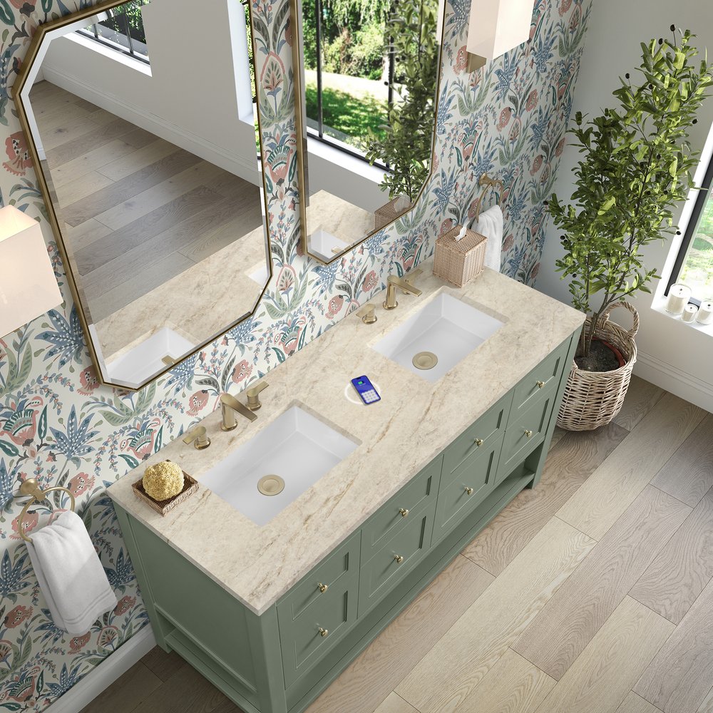 James Martin - Breckenridge 60" Double Vanity, Smokey Celadon, w/ 3 CM Tajnar Eclos Top w/FreePower Wireless Charger - 330-V60D-SC-FTJR view 7