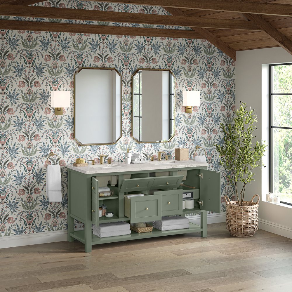 James Martin - Breckenridge 60" Double Vanity, Smokey Celadon, w/ 3 CM Victorian Silver Quartz Top - 330-V60D-SC-3VSL view 4