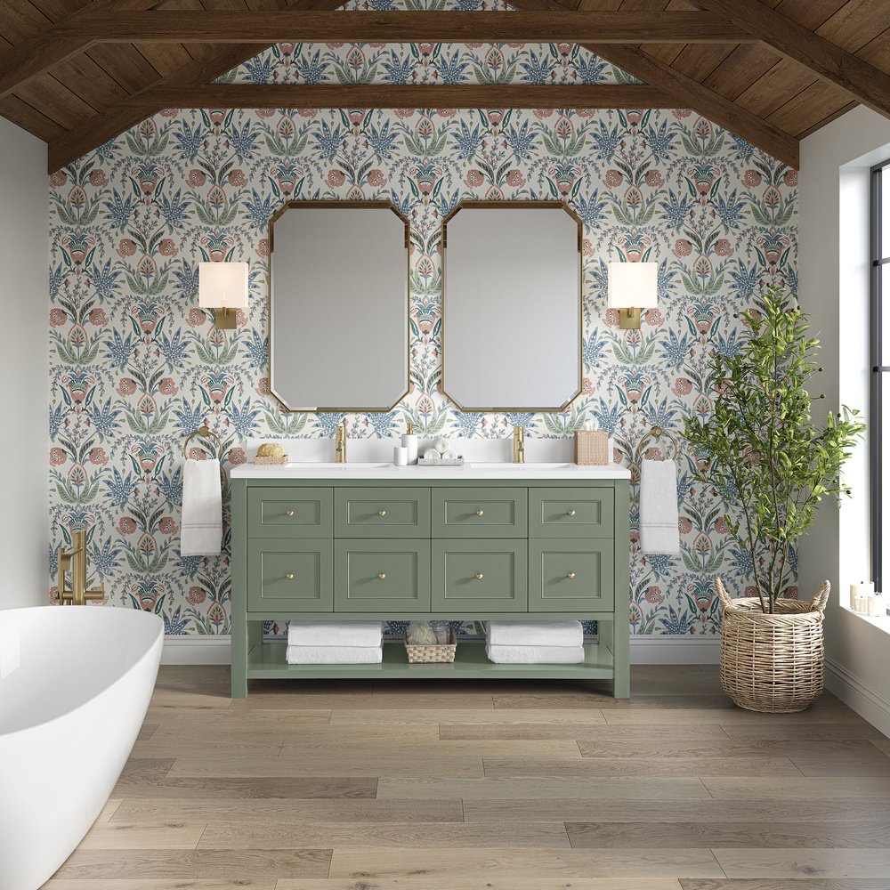 James Martin - Breckenridge 60" Double Vanity, Smokey Celadon, w/ Single Hole 3 CM White Zeus Quartz Top & Backsplash - 330-V60D-SC-1WZ view 3