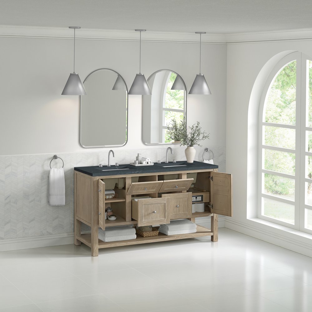 James Martin - Breckenridge 60" Double Vanity, Whitewashed Oak, w/ 3 CM Charcoal Soapstone Quartz Top - 330-V60D-WWO-3CSP view 5