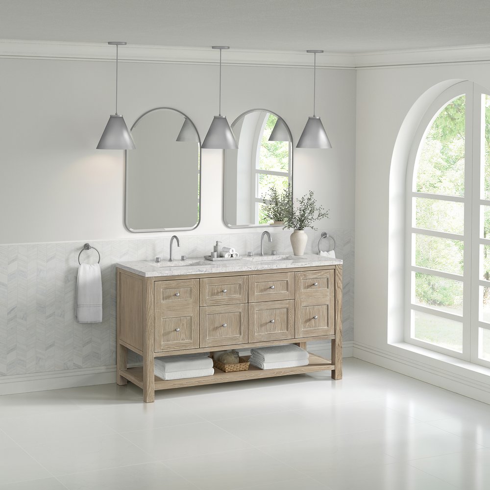 James Martin - Breckenridge 60" Double Vanity, Whitewashed Oak, w/ 3 CM Eternal Jasmine Pearl Quartz Top w/FreePower Wireless Charger - 330-V60D-WWO-FEJP view 5