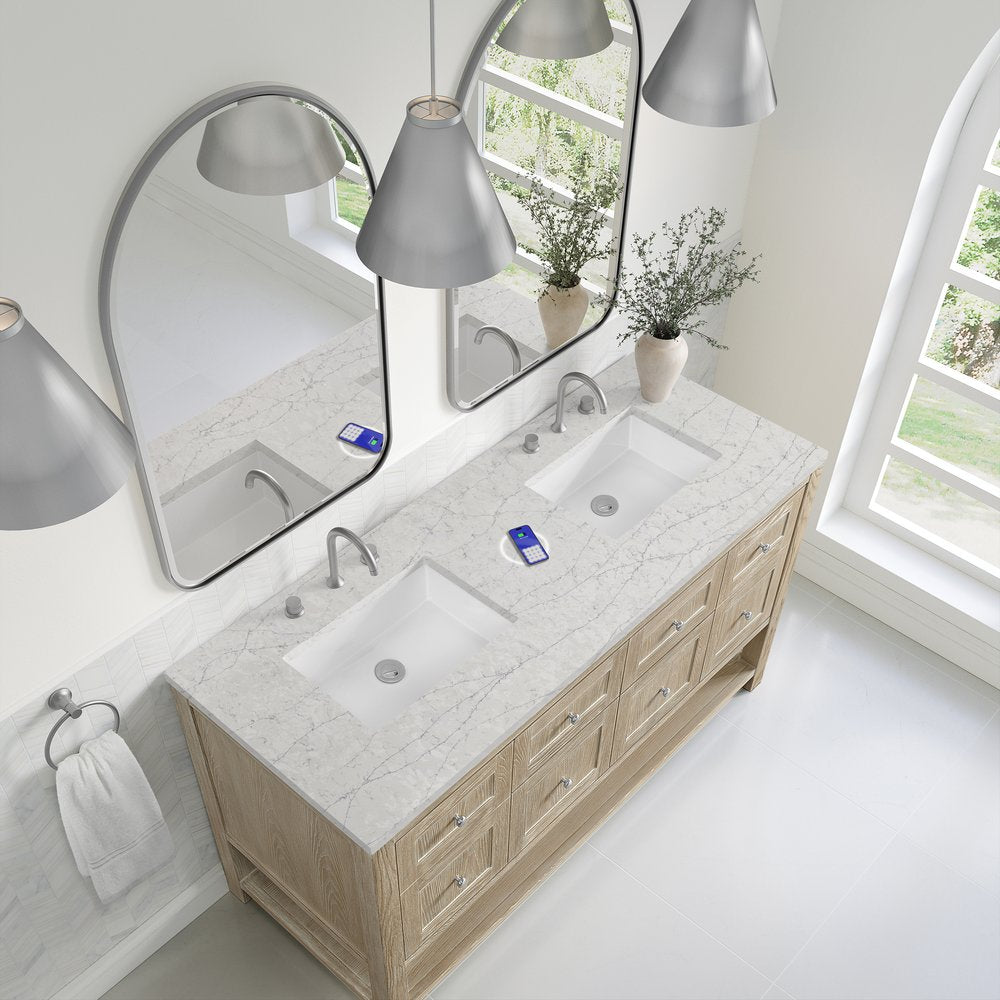 James Martin - Breckenridge 60" Double Vanity, Whitewashed Oak, w/ 3 CM Eternal Jasmine Pearl Quartz Top w/FreePower Wireless Charger - 330-V60D-WWO-FEJP view 8