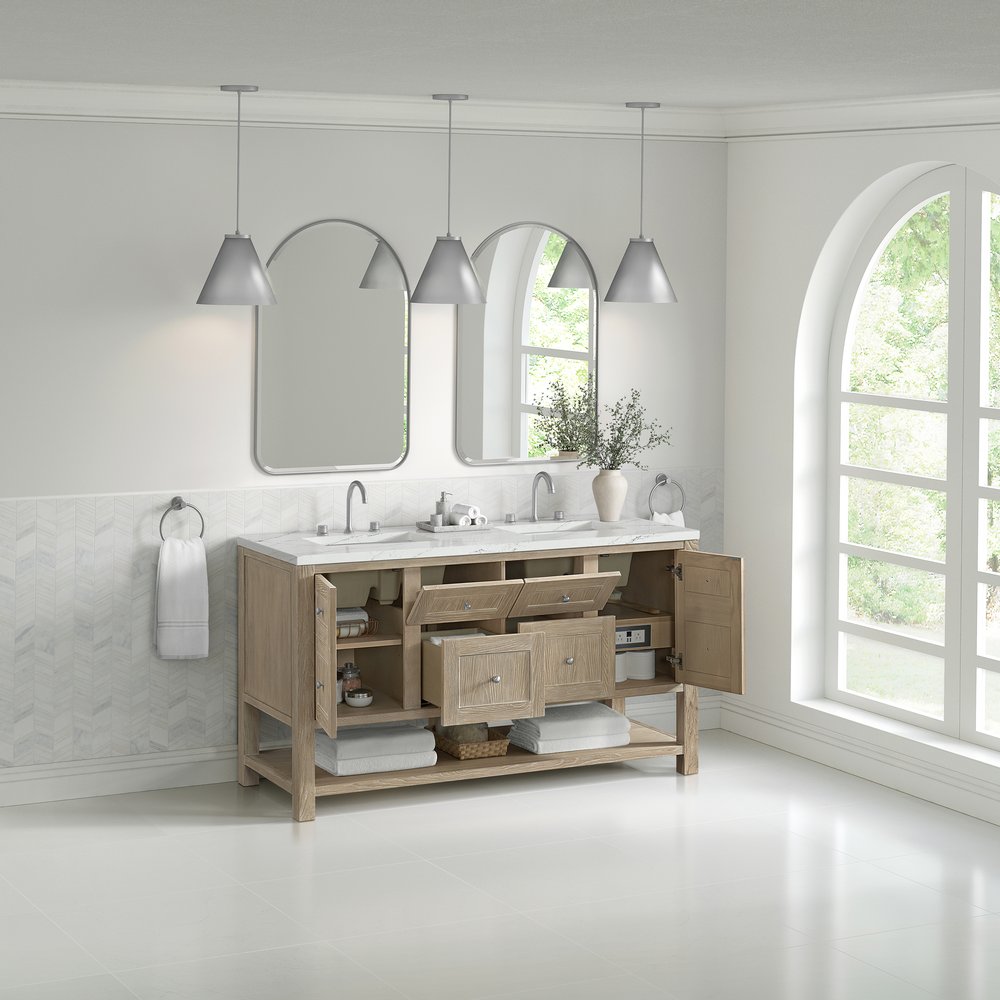 James Martin - Breckenridge 60" Double Vanity, Whitewashed Oak, w/ 3 CM Ethereal Noctis Quartz Top - 330-V60D-WWO-3ENC view 5