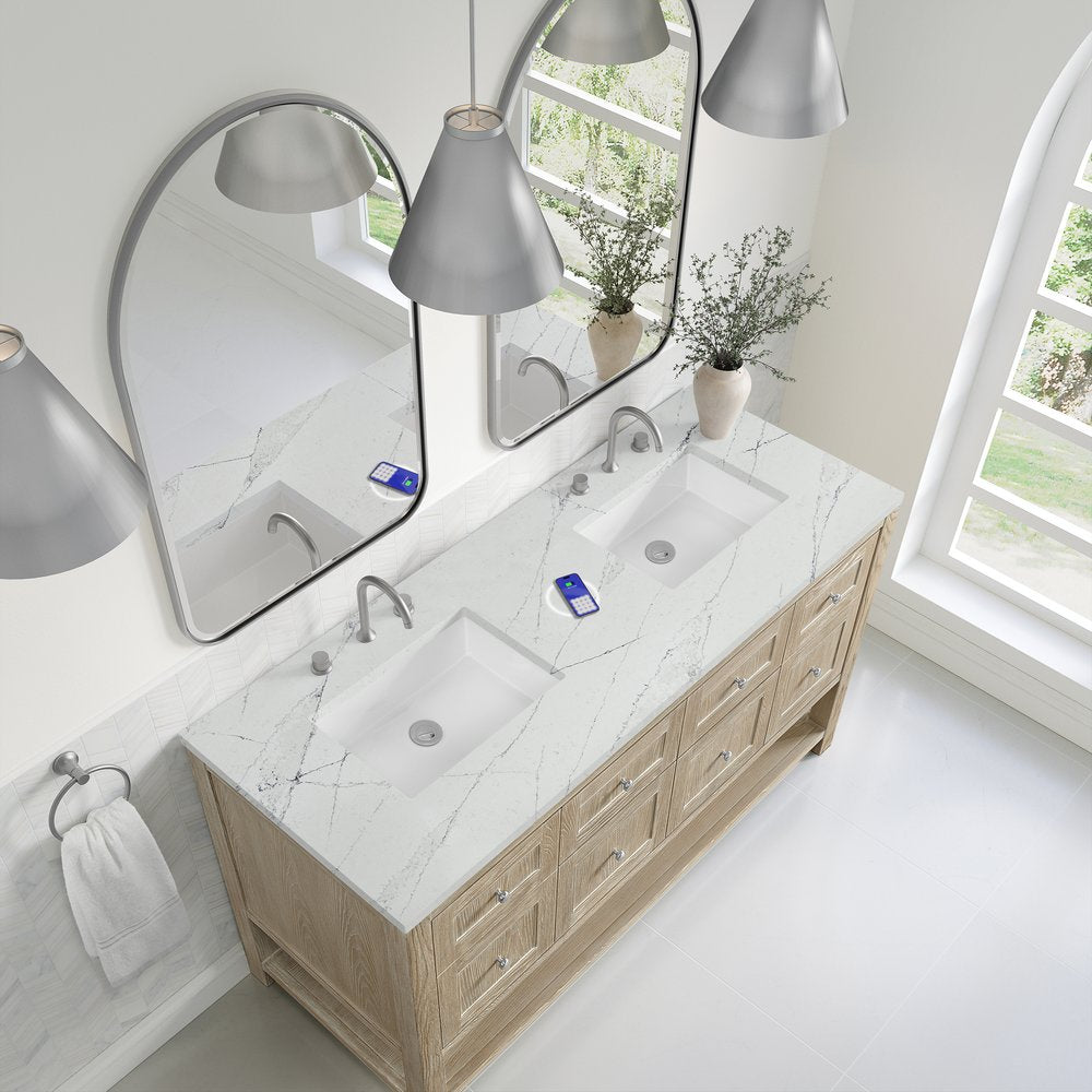 James Martin - Breckenridge 60" Double Vanity, Whitewashed Oak, w/ 3 CM Ethereal Noctis Quartz Top w/FreePower Wireless Charger - 330-V60D-WWO-FENC view 8