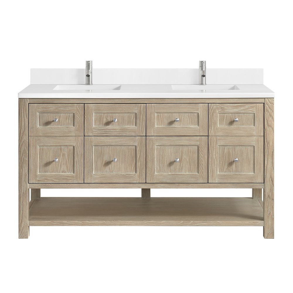 James Martin - Breckenridge 60" Double Vanity, Whitewashed Oak, w/ Single Hole 3 CM White Zeus Quartz Top & Backsplash - 330-V60D-WWO-1WZ view 1