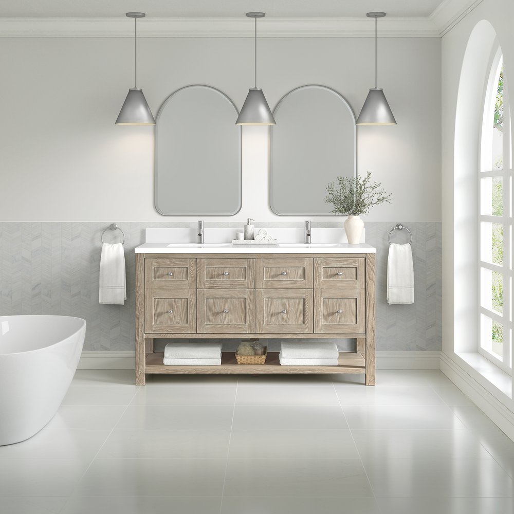 James Martin - Breckenridge 60" Double Vanity, Whitewashed Oak, w/ Single Hole 3 CM White Zeus Quartz Top & Backsplash - 330-V60D-WWO-1WZ view 3