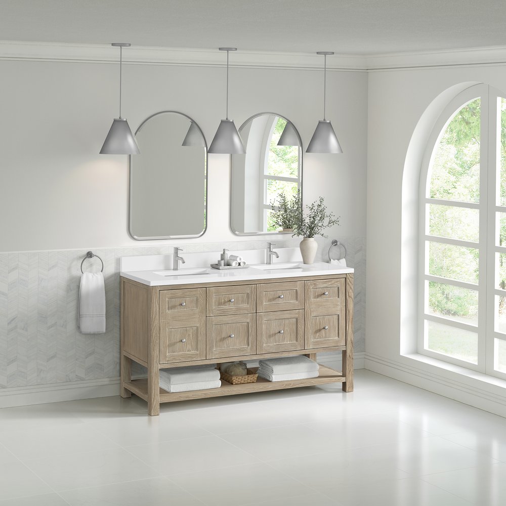 James Martin - Breckenridge 60" Double Vanity, Whitewashed Oak, w/ Single Hole 3 CM White Zeus Quartz Top & Backsplash - 330-V60D-WWO-1WZ view 4